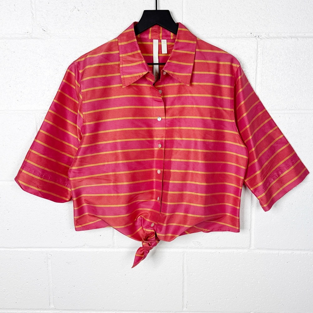 Debra deRoo Silk Striped Button Front Blouse Womens‎ Large Pink Yellow Tie Hem